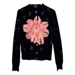 CHANEL SS24 Black Sequin Logo Cardigan with Pink Floral Design